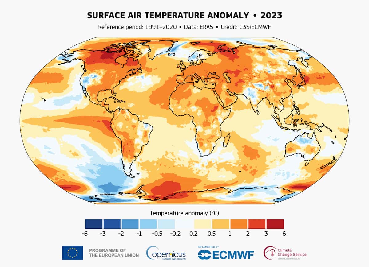 Anomalía de la temperatura del aire en superficie para 2023 en relación con la media del periodo de referencia 1991-2020. / C3S/ECMWF (fuente de datos: ERA 5)